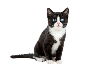 Captivating Black and White Kitten with Bright Blue Eyes, Sitting Calmly Against a Pristine White Backdrop. A Charming Young Feline Portrait for Animal Enthusiasts and Pet Content.