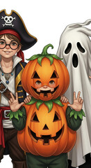 Fototapeta premium Illustration of children in Halloween costumes: pumpkin, pirate, ghost A fun, festive image perfect for seasonal celebrations and greeting cards