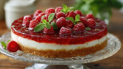 Cheesecake with fresh raspberries and mint leaves on a glass stand topped with raspberry jelly