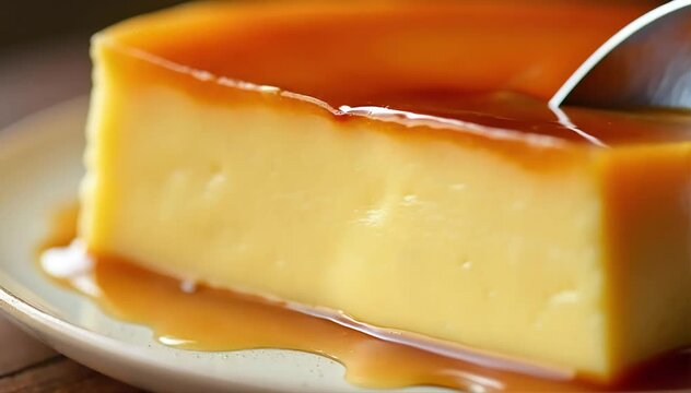 Close up of creamy flan texture being sliced showing silky custard and golden caramel layer 