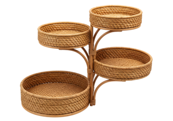 Wicker serving stand with four round tiers isolated on transparent background