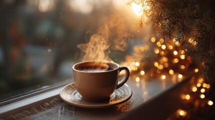 Obraz premium Steaming cup of coffee sits on a windowsill beside Christmas lights and a fir branch