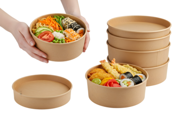 Takeout containers with sushi and noodles isolated on transparent background