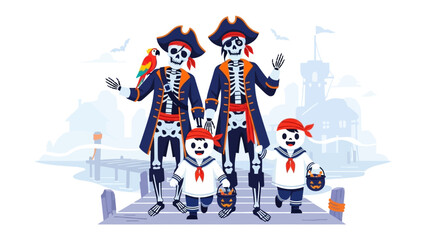 Pirate Family on Spooky Adventure:  A whimsical illustration of a skeleton pirate family embarking on a Halloween adventure, adorned in vibrant costumes and set against a charming seaside backdrop.