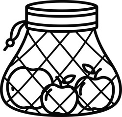 Apple fruit in reusable shopping bag vector outline drawing
