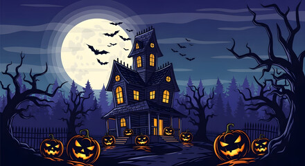 Spooky Haunted House on Halloween Night with Full Moon, Flying Bats, and Glowing Jack-o'-Lanterns Illustration