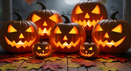 Spooky Halloween Jack-o'-Lanterns with Fall Leaves on Wooden Table