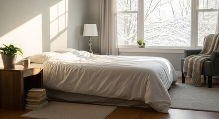 Fototapeta premium Cozy Bedroom with Snowy Window View and Morning Sunlight