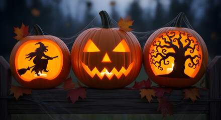Halloween Jack-o'-Lanterns on fence: Witch, scary face & spooky tree carvings glowing at night. Autumn holiday decor.