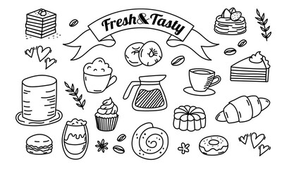 Fototapeta premium Hand drawn bakery and coffee doodle set