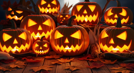 Spooky Halloween jack-o'-lanterns glowing in the dark with autumn leaves and rustic wood background