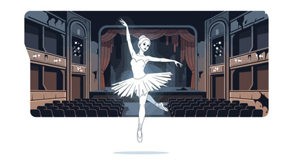 Graceful Ballerina on Stage: A beautifully illustrated ballerina pirouettes gracefully on a grand stage. Capturing the elegance of dance, the enchanting atmosphere of the theater. © AJM