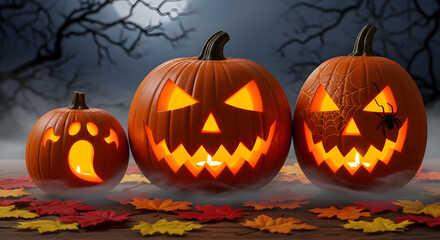 Glowing Jack-o'-Lanterns and Fall Leaves on a Dark Halloween Night