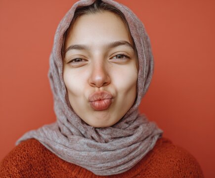 A young woman, wearing a light grayish-brown scarf, makes a playful kissy face against a coral-colored backdrop.