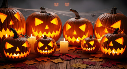 Spooky Halloween Night with Glowing Jack-o'-Lanterns, Candles, and Autumn Leaves