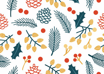 Seamless christmas pattern with pine cones fir branches and berries