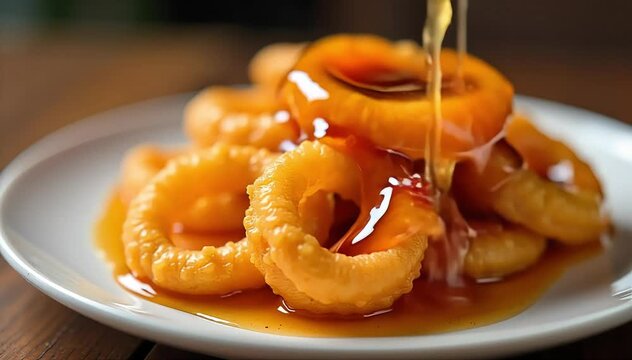 Close up of crispy jalebi texture with syrup dripping off hot fried coils on plate 