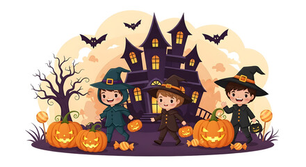 Cute Kids Halloween Trick-or-Treating at Spooky Haunted House with Pumpkins and Bats. Festive Holiday Illustration.