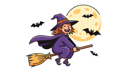 Whimsical Witch's Flight: A cheerful witch on a broom flies under a full moon, bats dancing in the starry night sky. capturing the magical and delightful essence of a spooky celebration.