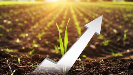 Concept of agricultural business growth with a rising arrow graph among young green plant sprouts in a fertile field - Powered by Adobe