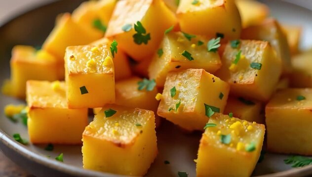 Close up of crispy golden batata harra cubes garnished with chopped parsley and lemon zest 