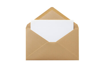 An open brown envelope with a blank white card, isolated on transparent background