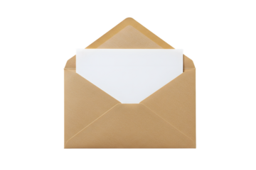 An open brown envelope with a blank white card, isolated on transparent background