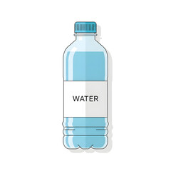 Illustration of a clear plastic water bottle with a blue cap and a white label on a white background.