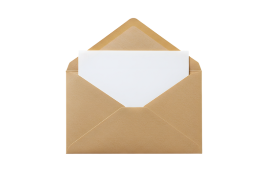 An open brown envelope with a blank white card, isolated on transparent background