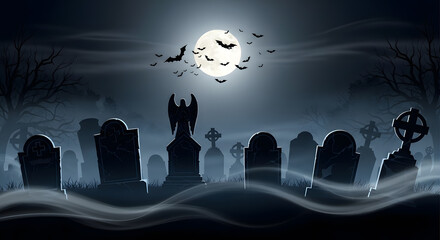 Eerie Moonlit Graveyard Scene with Bats, Tombstones, and Fog. Halloween Night.