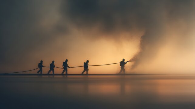 Firefighters battling a blaze, silhouetted against a smoky, orange sky.