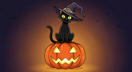 Halloween Black Cat in Witch Hat on Jack-o'-Lantern Illustration