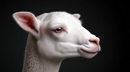 Fototapeta premium A close-up portrait of a sheep showcasing its soft fur and expressive eyes against a dark background, This image can be used for agricultural themes, animal welfare campaigns