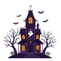 Spooky haunted house 2D vector illustration shows a ghost floating from a window, a black cat on the porch, bats flying, and leafless trees under a night sky.