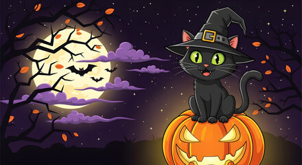 Cute Halloween Black Cat in Witch Hat on Jack-o'-Lantern with Full Moon, Bats, and Spooky Night Sky