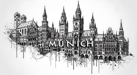 Fototapeta premium Black and White Ink Drawing of Munich Cityscape.