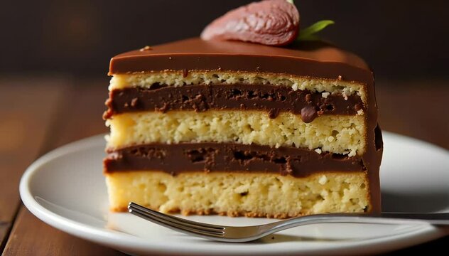 Close up of dobos torte slice showing alternating chocolate cream and sponge cake layers 