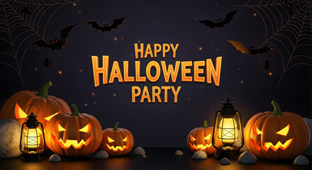 Happy Halloween Party Banner with Spooky Jack-o'-Lanterns, Glowing Lanterns, Bats, and Spider Webs on Dark Background
