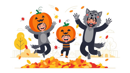 Joyful Halloween: A vibrant illustration depicts a family reveling in the Halloween spirit, joyfully leaping amidst a cascade of autumn leaves, embodying the season's festive charm.