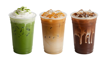 Three refreshing iced drinks isolated on transparent background, including matcha, caramel, and chocolate