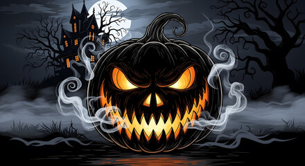 Cute Witch Cat on Halloween Pumpkin with Bats and Magical Sparkles