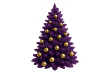 Purple christmas tree with golden baubles on transparent background