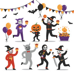 Mummy, werewolf, and Frankenstein's monster dance at a friendly Halloween party, enjoying treats and spooky decorations in this vibrant 2D flat vector illustration.