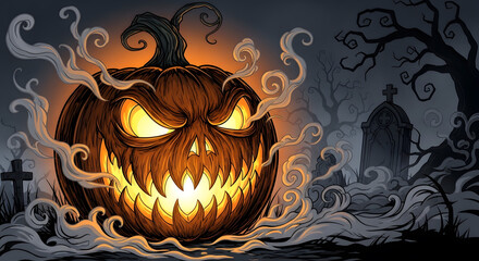 Eerie Jack-o'-Lantern in Foggy Cemetery at Night, Spooky Halloween Pumpkin with Glowing Face
