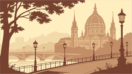 Fototapeta premium Vintage Cityscape Illustration River Bridge Cathedral and Street Lamps.