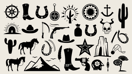 Collection of western and cowboy themed icons and symbols