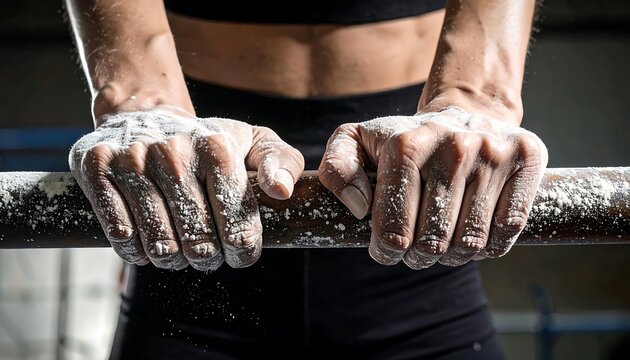 Gymnasts Hands Gripping Parallel Bars with Chalk.