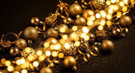 Golden Christmas Ornament Garland with Bokeh Lights.