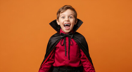 Smiling boy in vampire costume against orange background, showcasing Halloween spirit and playful energy Free space for text