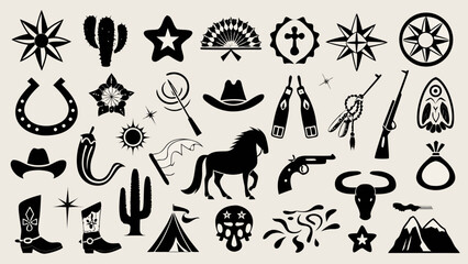 Western cowboy and desert icons collection